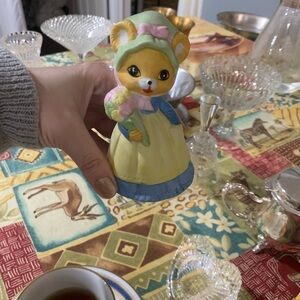Vintage Ceramic Bear Figurine in Pastel Yellow & Blue